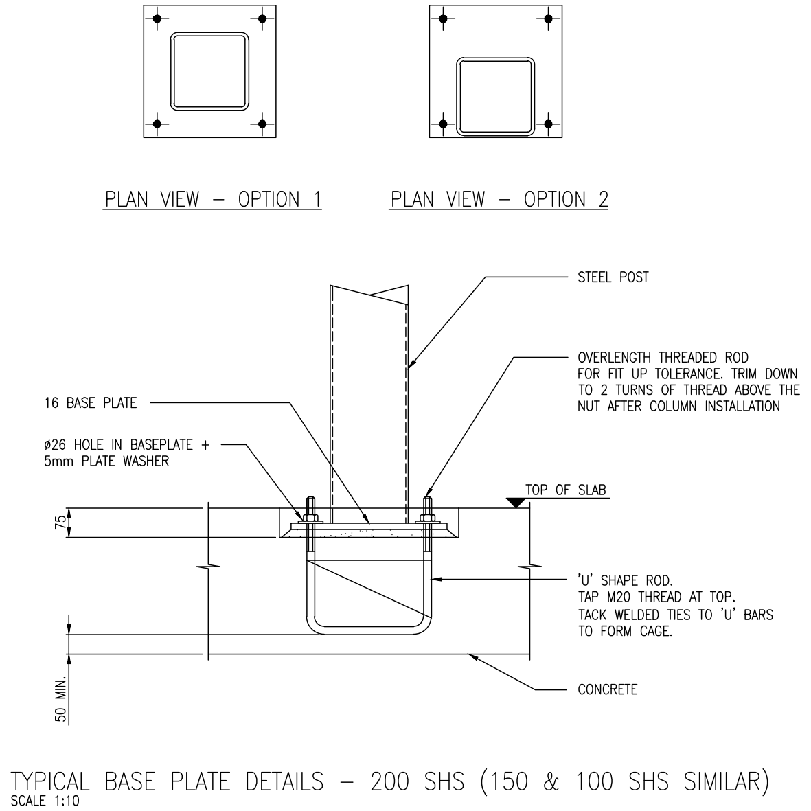 Typical Base Plate Details - 200 SHS – free CAD block preview