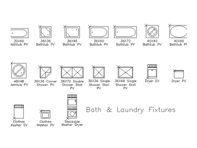 Comprehensive Bath & Laundry Fixtures 2D AutoCAD Blocks (Plan & Elevation Views) CAD block preview