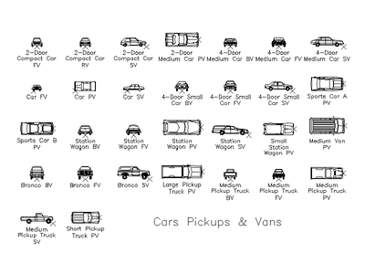 Cars Pickups and Vans - Multi-View Library CAD block preview