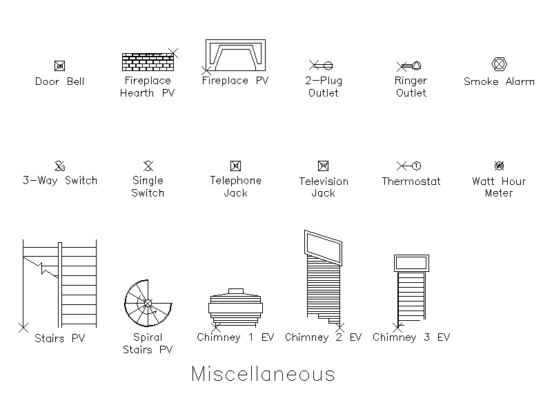 Domestic Electrical, Stair and Chimney Symbols – free CAD block preview