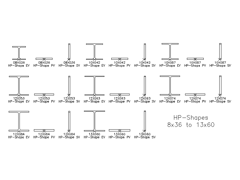 Imperial Steel HP Shapes (H-Piles) 2D AutoCAD Blocks Library – free CAD block preview