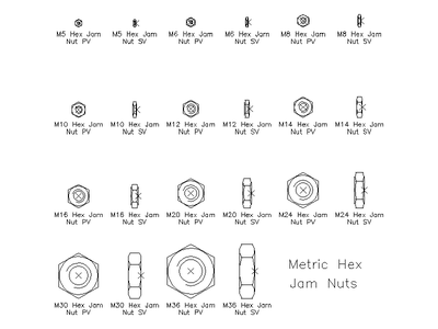 Metric Hex Jam Nuts CAD block preview
