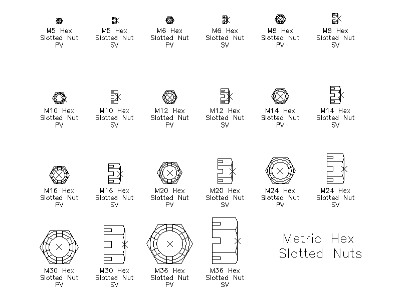 Metric Hex Slotted Nuts – free CAD block preview