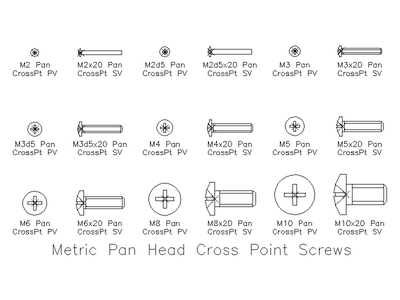 Metric Pan Head Cross Point Screws CAD block preview