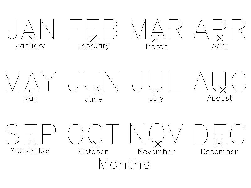 Month Name Text Blocks – free CAD block preview