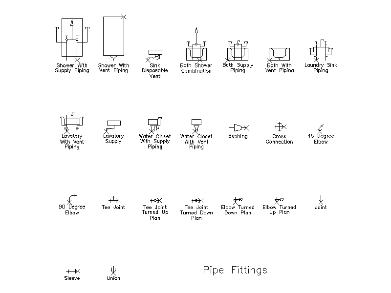 Pipe Fittings and Fixture Piping Symbols – free CAD block preview