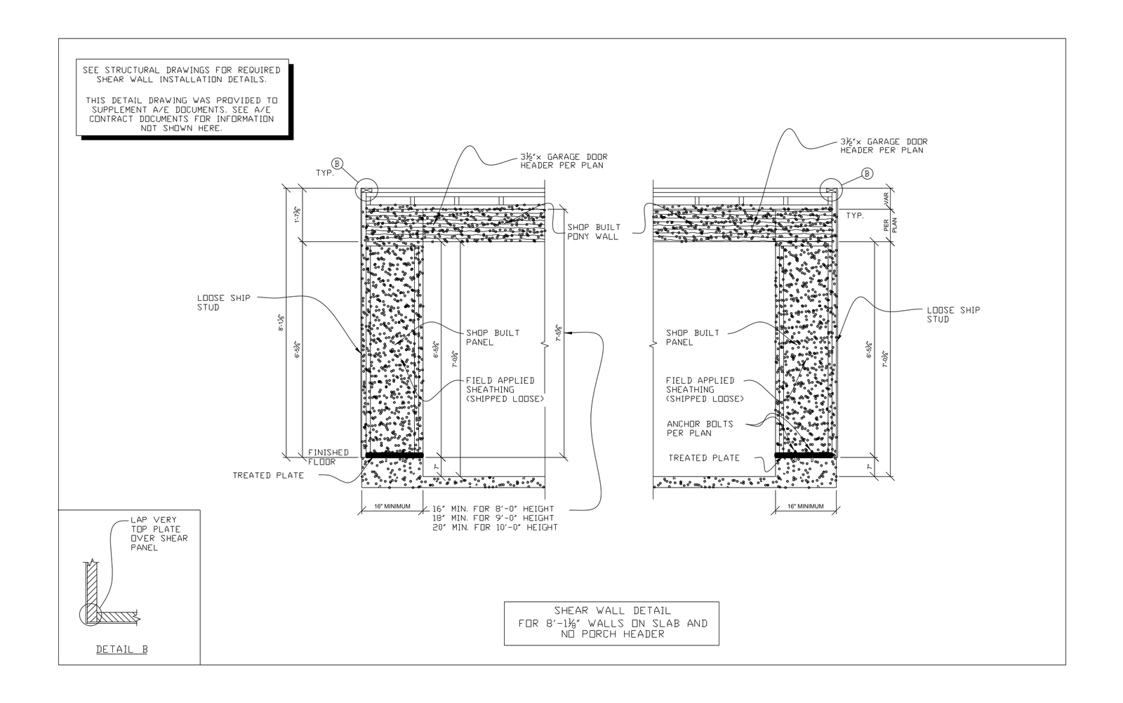 Shear Wall Detail for 8 ft Walls on Slab with No Porch Header – free CAD block preview