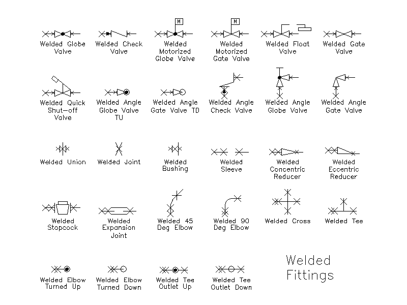 Welded Pipe Fittings and Valve Symbols – free CAD block preview