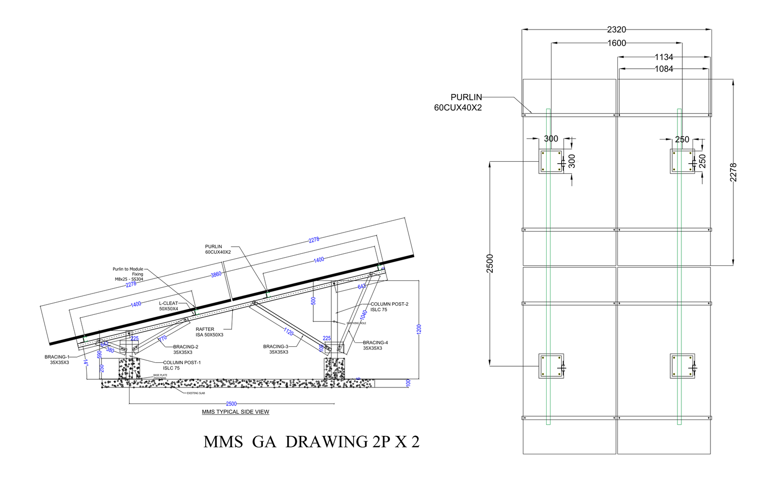 Solar Panel Array Mounting Structure 2P X 2 GA – free CAD block preview