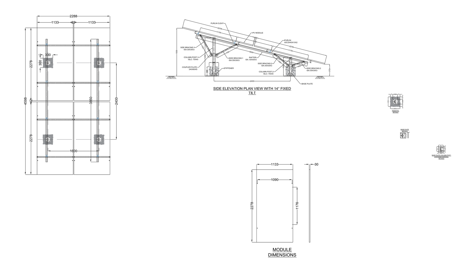 Solar Panel Ground Mount End and Plan View Braced V2 – free CAD block preview