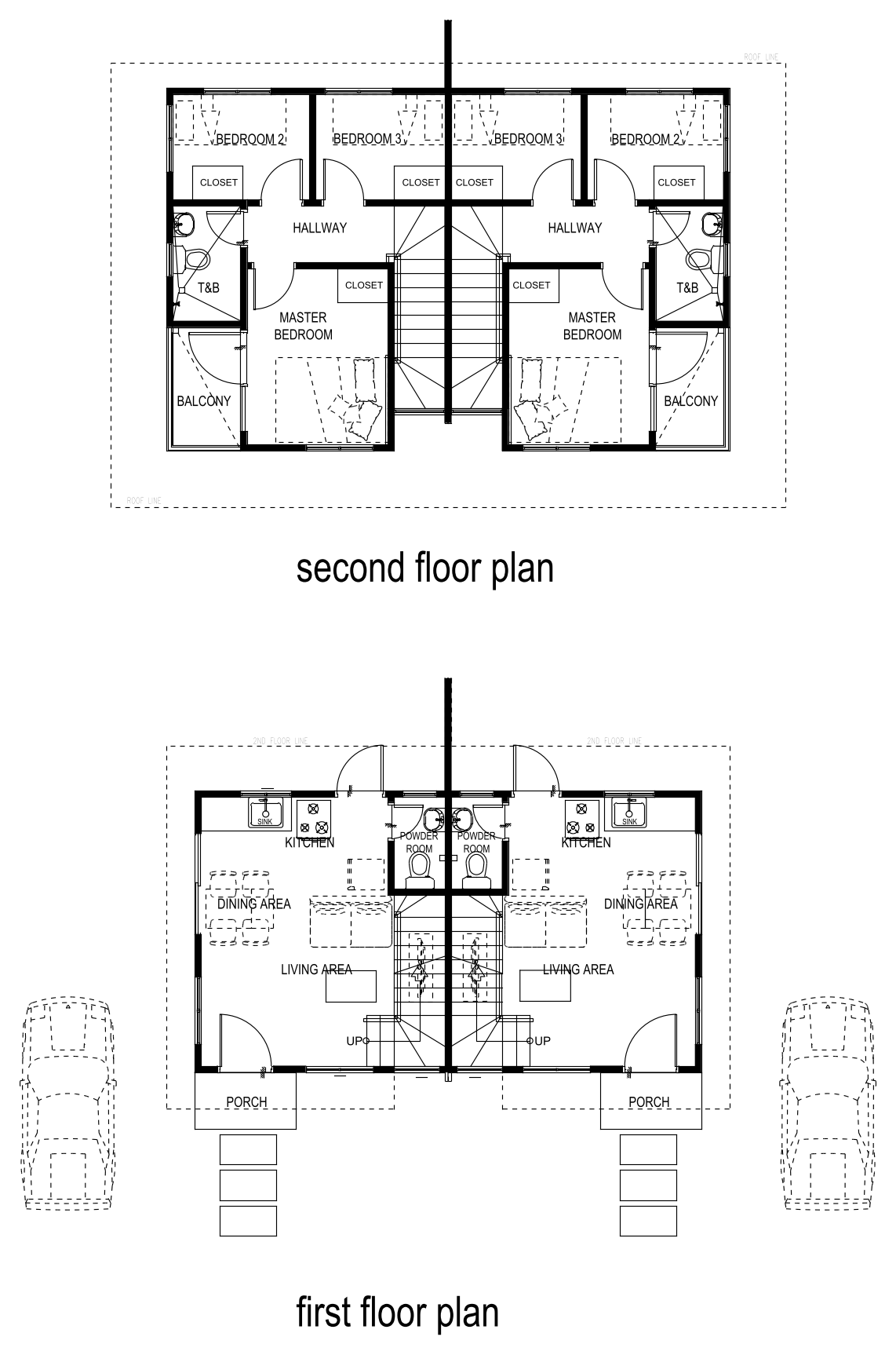 Two Storey Duplex House Floor Plans – free CAD block preview