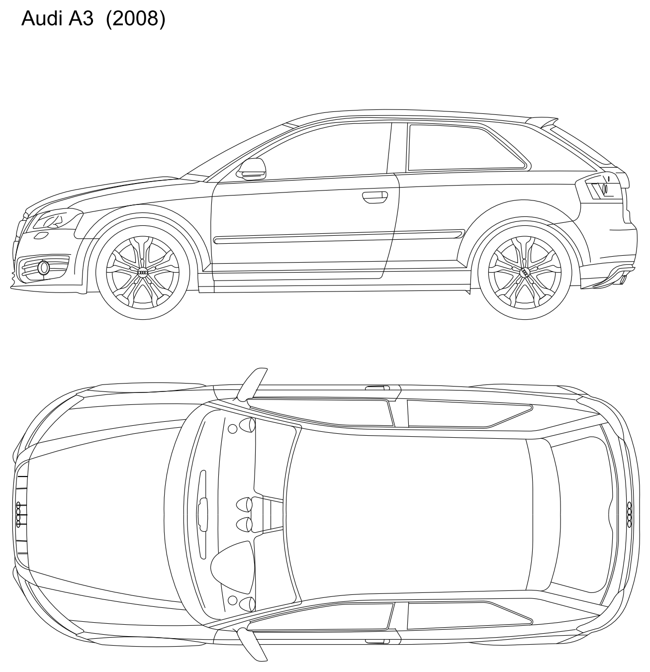 Audi A3 (2008) Three-Door - Side and Plan Views – free CAD block preview