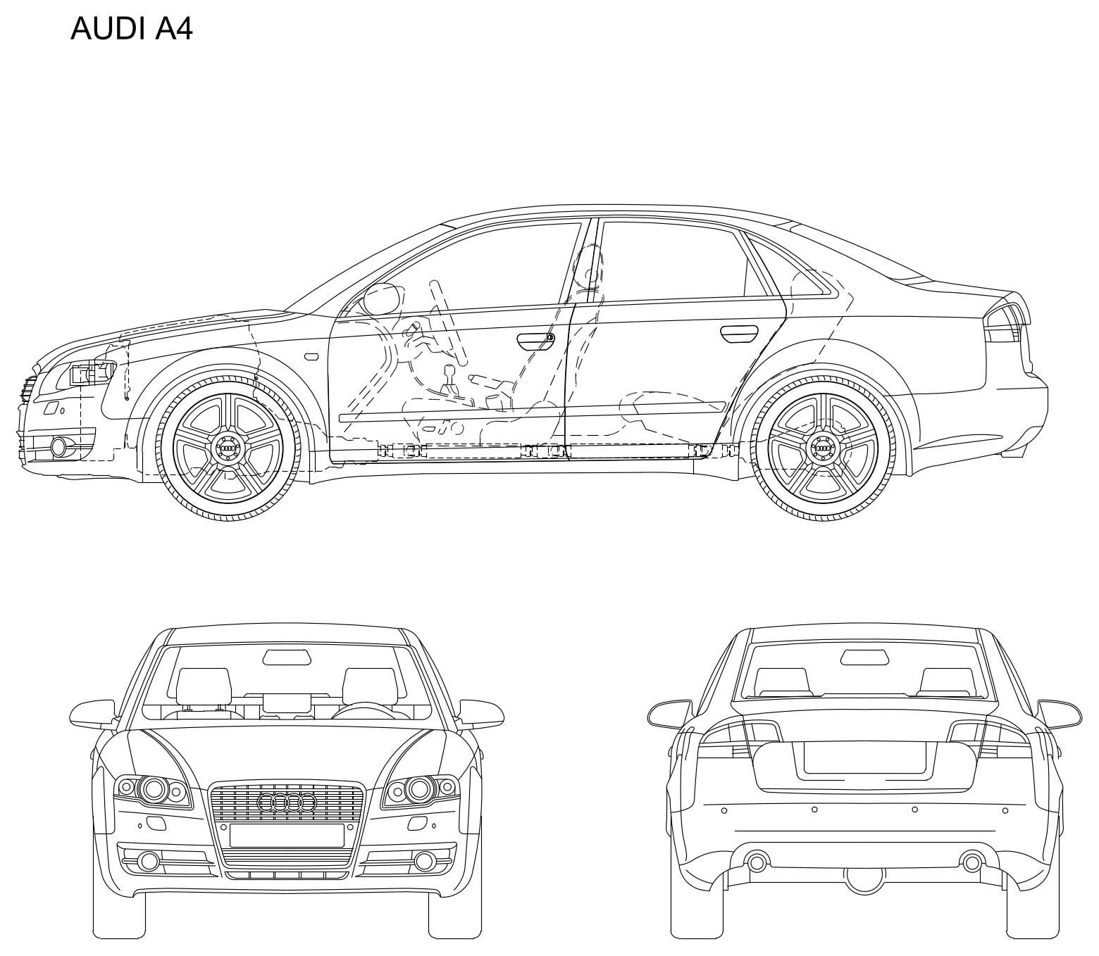 Audi A4 Sedan - Side, Front and Rear Elevations – free CAD block preview