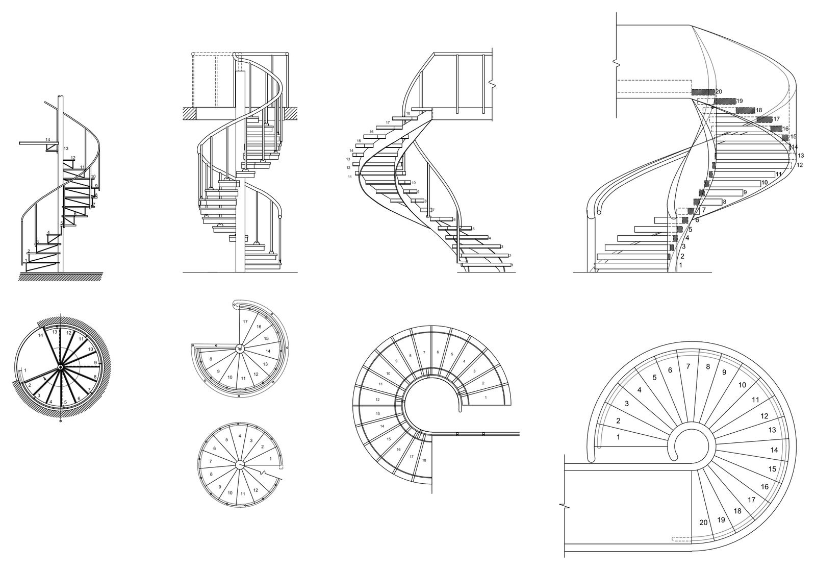 Spiral Staircase Collection - Elevations and Plan Views – free CAD block preview